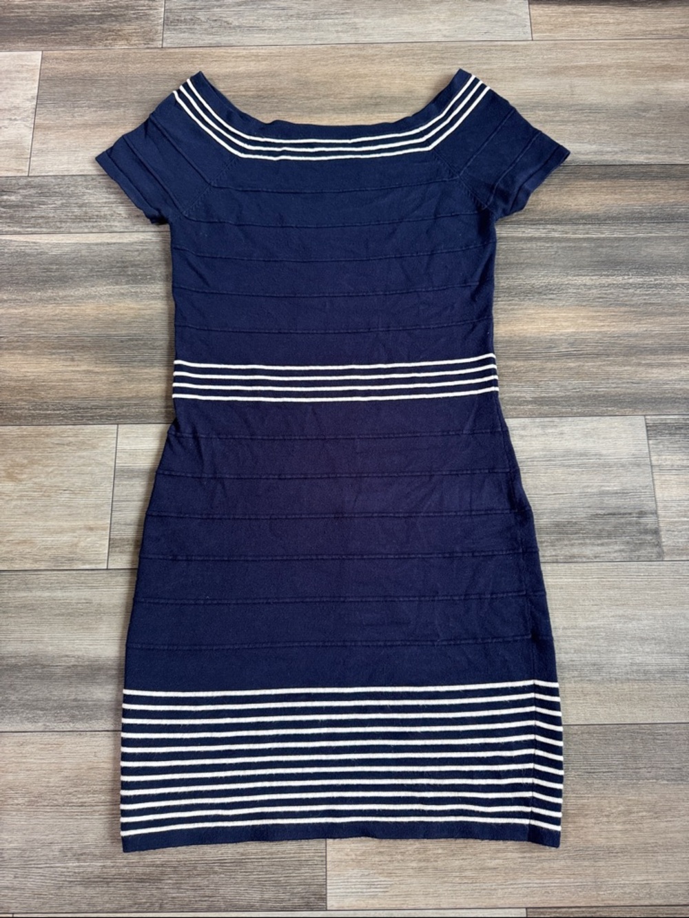 Max Studio Navy and White Striped Midi Knit Dress